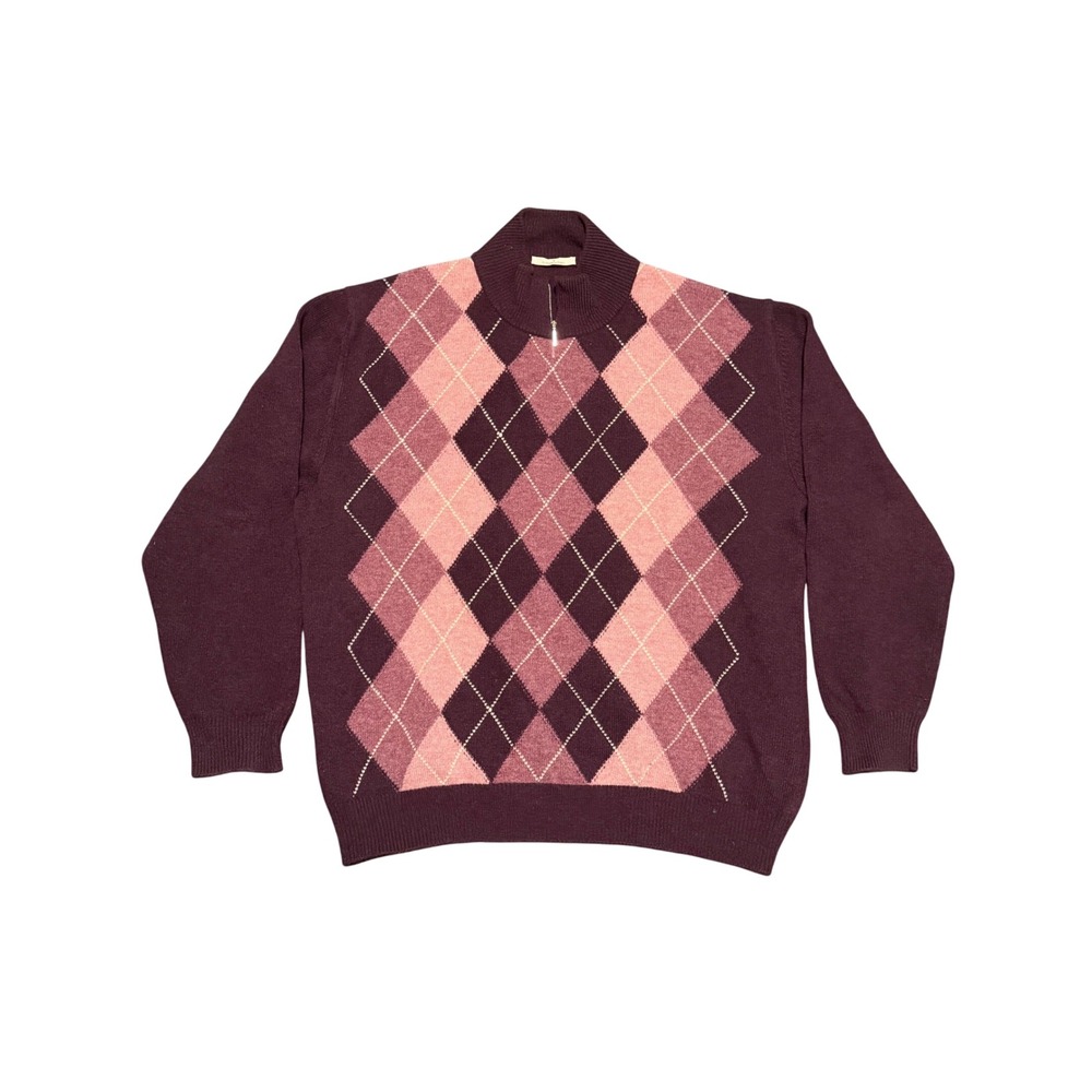 Ermenegildo Zegna Mens XXL Argyle 100% Wool Quarter Zip Sweater Burgundy‎ Italy